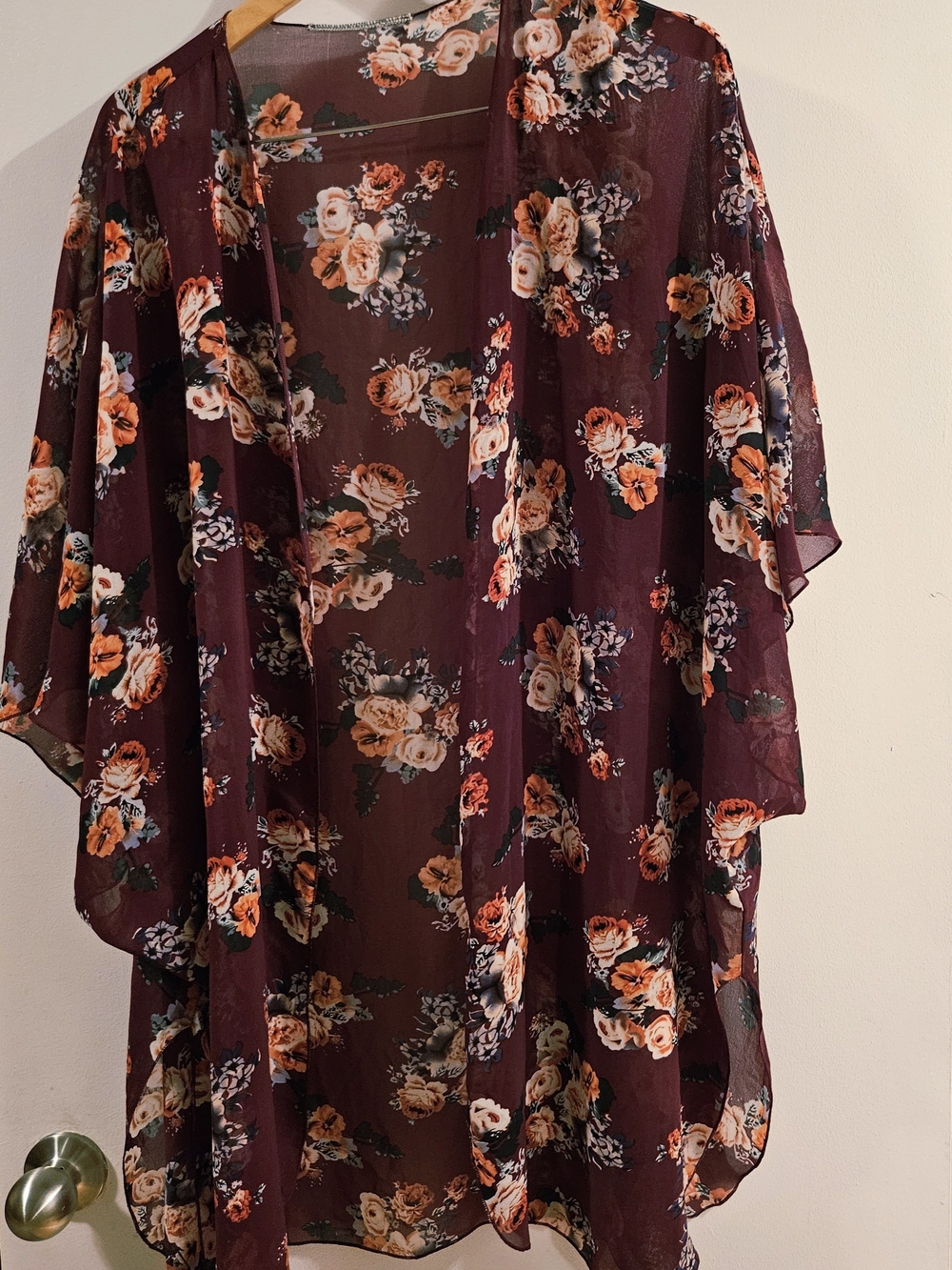 Sheer Floral Kimono Cardigan in Burgundy with Peach Roses